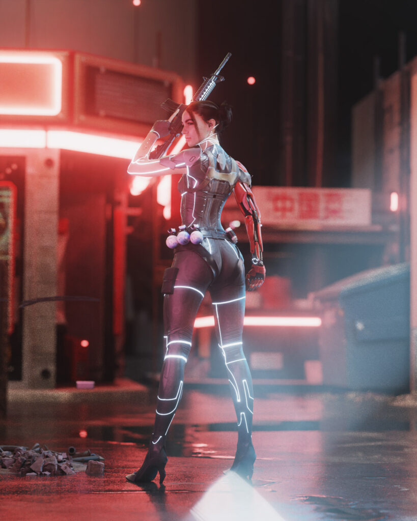 Darian Rojas stands in a neon-lit urban setting holding a gun with a robotic arm and high-tech gear.